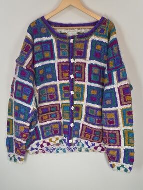 Avalanche Hand Knit 100% Wool Cardigan XL Colorblock Granny Square Cottagecore